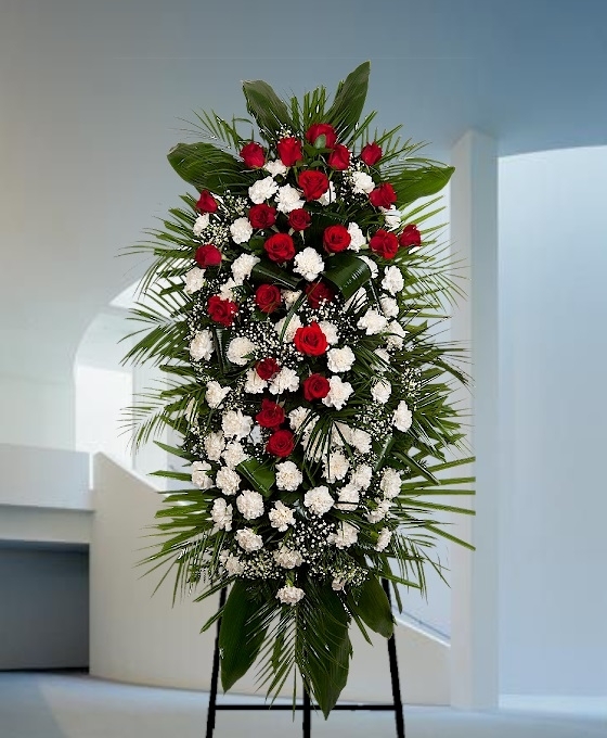 Envío Urgente de Centro Funerario de Flores rojo y blanco en Madrid